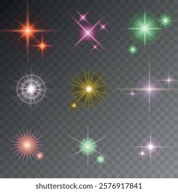 Lens Flare, light glow effect. sun or realistic shining star with backlight effect. bokeh glitter and sparkles or sparkles on transparent background.