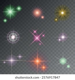 Lens Flare, light glow effect. sun or realistic shining star with backlight effect. bokeh glitter and sparkles or sparkles on transparent background.