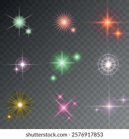 Lens Flare, light glow effect. sun or realistic shining star with backlight effect. bokeh glitter and sparkles or sparkles on transparent background.