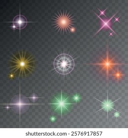 Lens Flare, light glow effect. sun or realistic shining star with backlight effect. bokeh glitter and sparkles or sparkles on transparent background.