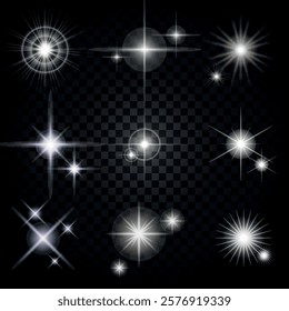 Lens Flare, light glow effect. sun or realistic shining star with backlight effect. bokeh glitter and sparkles or sparkles on transparent background.