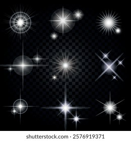 Lens Flare, light glow effect. sun or realistic shining star with backlight effect. bokeh glitter and sparkles or sparkles on transparent background.