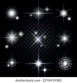 Lens Flare, light glow effect. sun or realistic shining star with backlight effect. bokeh glitter and sparkles or sparkles on transparent background.
