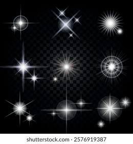 Lens Flare, light glow effect. sun or realistic shining star with backlight effect. bokeh glitter and sparkles or sparkles on transparent background.