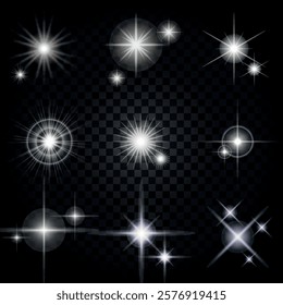 Lens Flare, light glow effect. sun or realistic shining star with backlight effect. bokeh glitter and sparkles or sparkles on transparent background.