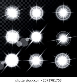 Lens Flare, light glow effect. sun or realistic shining star with backlight effect. bokeh glitter and sparkles or sparkles on transparent background.