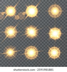 Lens Flare, light glow effect. sun or realistic shining star with backlight effect. bokeh glitter and sparkles or sparkles on transparent background.