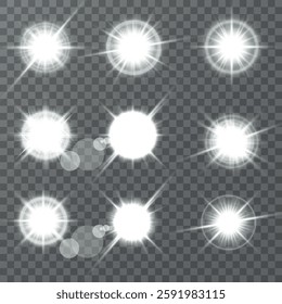 Lens Flare, light glow effect. sun or realistic shining star with backlight effect. bokeh glitter and sparkles or sparkles on transparent background.