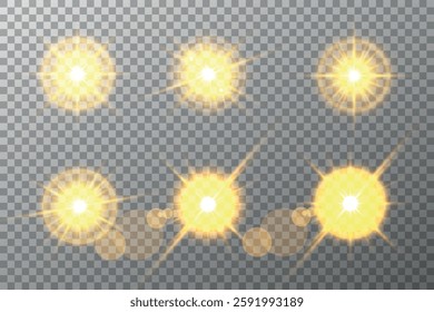 Lens Flare, light glow effect. sun or realistic shining star with backlight effect. bokeh glitter and sparkles or sparkles on transparent background.