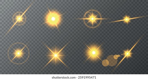 Lens Flare, light glow effect. sun or realistic shining star with backlight effect. bokeh glitter and sparkles or sparkles on transparent background.
