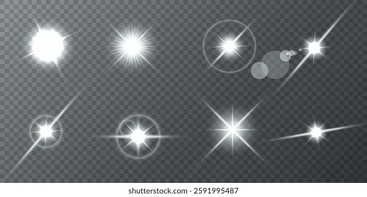 Lens Flare, light glow effect. sun or realistic shining star with backlight effect. bokeh glitter and sparkles or sparkles on transparent background.
