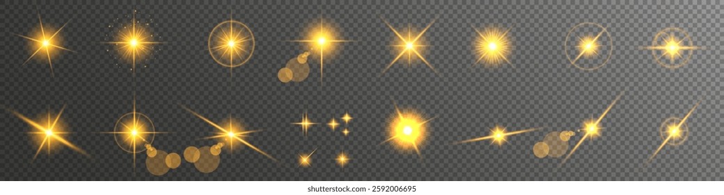 Lens Flare, light glow effect. sun or realistic shining star with backlight effect. bokeh glitter and sparkles or sparkles on transparent background.