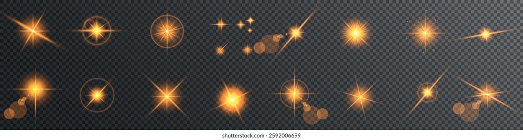 Lens Flare, light glow effect. sun or realistic shining star with backlight effect. bokeh glitter and sparkles or sparkles on transparent background.