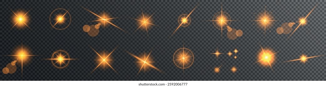 Lens Flare, light glow effect. sun or realistic shining star with backlight effect. bokeh glitter and sparkles or sparkles on transparent background.