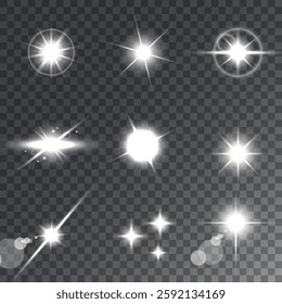 Lens Flare, light glow effect. sun or realistic shining star with backlight effect. bokeh glitter and sparkles or sparkles on transparent background.