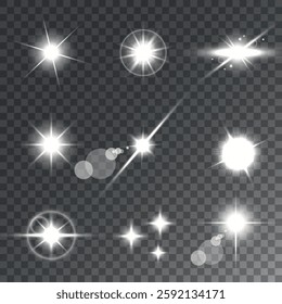 Lens Flare, light glow effect. sun or realistic shining star with backlight effect. bokeh glitter and sparkles or sparkles on transparent background.