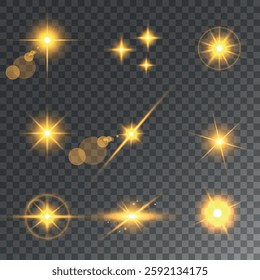 Lens Flare, light glow effect. sun or realistic shining star with backlight effect. bokeh glitter and sparkles or sparkles on transparent background.