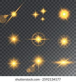 Lens Flare, light glow effect. sun or realistic shining star with backlight effect. bokeh glitter and sparkles or sparkles on transparent background.
