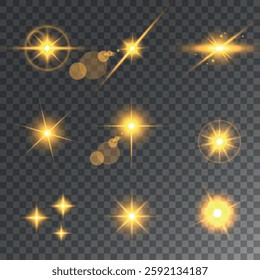 Lens Flare, light glow effect. sun or realistic shining star with backlight effect. bokeh glitter and sparkles or sparkles on transparent background.
