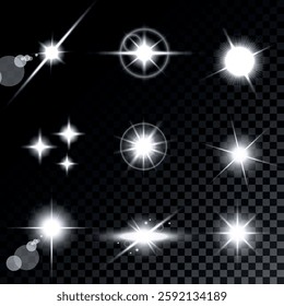 Lens Flare, light glow effect. sun or realistic shining star with backlight effect. bokeh glitter and sparkles or sparkles on transparent background.