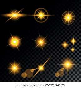 Lens Flare, light glow effect. sun or realistic shining star with backlight effect. bokeh glitter and sparkles or sparkles on transparent background.