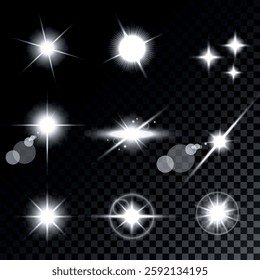 Lens Flare, light glow effect. sun or realistic shining star with backlight effect. bokeh glitter and sparkles or sparkles on transparent background.