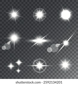 Lens Flare, light glow effect. sun or realistic shining star with backlight effect. bokeh glitter and sparkles or sparkles on transparent background.