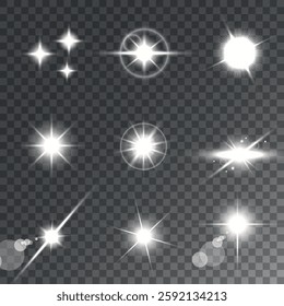 Lens Flare, light glow effect. sun or realistic shining star with backlight effect. bokeh glitter and sparkles or sparkles on transparent background.