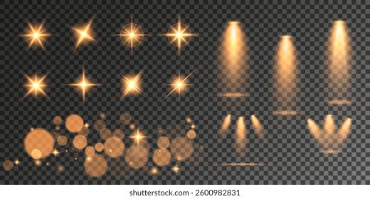 Lens Flare, light glow effect. sun or realistic shining star with backlight effect. bokeh glitter and sparkles or sparkles on transparent background.