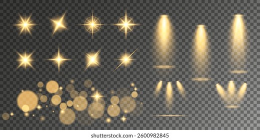 Lens Flare, light glow effect. sun or realistic shining star with backlight effect. bokeh glitter and sparkles or sparkles on transparent background.