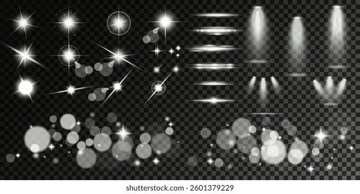 Lens Flare, light glow effect. sun or realistic shining star with backlight effect. bokeh glitter and sparkles or sparkles on transparent background.