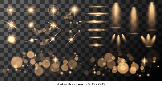 Lens Flare, light glow effect. sun or realistic shining star with backlight effect. bokeh glitter and sparkles or sparkles on transparent background.