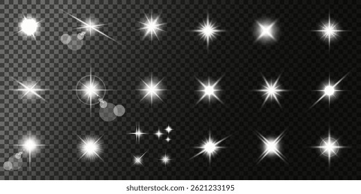 Lens Flare, light glow effect. sun or realistic shining star with backlight effect. bokeh glitter and sparkles or sparkles on transparent background.