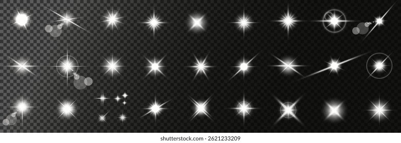 Lens Flare, light glow effect. sun or realistic shining star with backlight effect. bokeh glitter and sparkles or sparkles on transparent background.