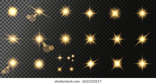 Lens Flare, light glow effect. sun or realistic shining star with backlight effect. bokeh glitter and sparkles or sparkles on transparent background.