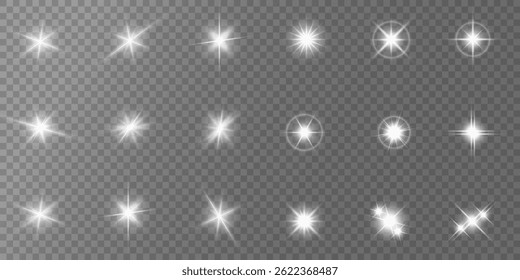 Objektiv Flare, Lichtglüheffekt. Sonne oder realistisch leuchtender Stern mit Hintergrundbeleuchtung. Bokeh-Glitzer und funkelt oder funkelt auf transparentem Hintergrund.