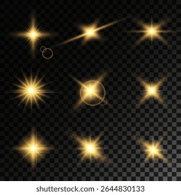 Objektiv Flare, Lichtglüheffekt. Sonne oder realistisch leuchtender Stern mit Hintergrundbeleuchtung. Bokeh-Glitzer und funkelt oder funkelt auf transparentem Hintergrund.