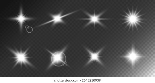 Lens Flare, light glow effect. sun or realistic shining star with backlight effect. bokeh glitter and sparkles or sparkles on transparent background.