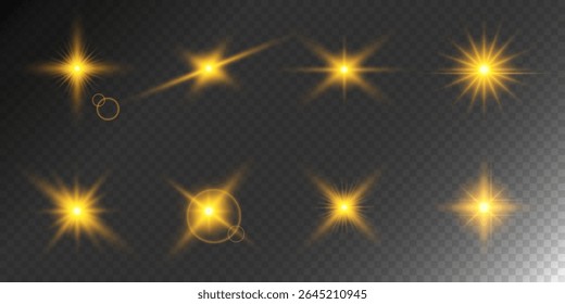 Destello de lente, efecto de brillo ligero. sol o estrella brillante realista con efecto de luz de fondo. brillo bokeh y destellos o destellos sobre fondo transparente.