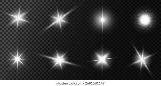 Objektiv Flare, Lichtglüheffekt. Sonne oder realistisch leuchtender Stern mit Hintergrundbeleuchtung. Bokeh-Glitzer und funkelt oder funkelt auf transparentem Hintergrund.
