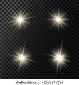 Objektiv Flare, Lichtglüheffekt. Sonne oder realistisch leuchtender Stern mit Hintergrundbeleuchtung. Bokeh-Glitzer und funkelt oder funkelt auf transparentem Hintergrund.
