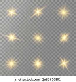 Destello de lente, efecto de brillo ligero. sol o estrella brillante realista con efecto de luz de fondo. brillo bokeh y destellos o destellos sobre fondo transparente.