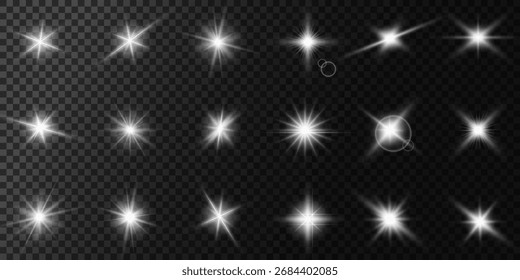 Objektiv Flare, Lichtglüheffekt. Sonne oder realistisch leuchtender Stern mit Hintergrundbeleuchtung.
Bokeh-Glitzer und funkelt oder funkelt auf transparentem Hintergrund.
