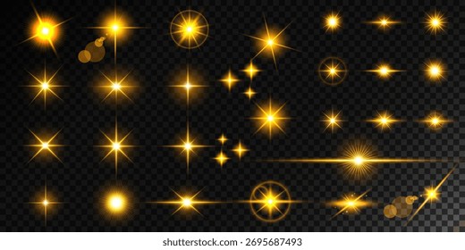 Destello de lente, efecto de brillo ligero. sol o estrella brillante realista con efecto de luz de fondo.
Brillo bokeh y destellos o destellos sobre fondo transparente.
