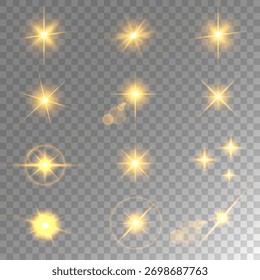 Destello de lente, efecto de brillo ligero. sol o estrella brillante realista con efecto de luz de fondo.
Brillo bokeh y destellos o destellos sobre fondo transparente.

