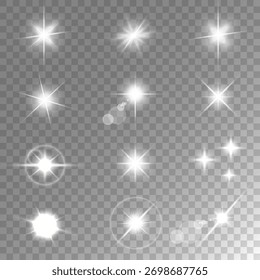 Destello de lente, efecto de brillo ligero. sol o estrella brillante realista con efecto de luz de fondo.
Brillo bokeh y destellos o destellos sobre fondo transparente.
