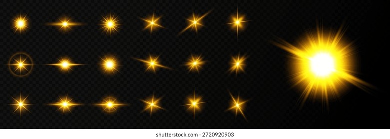 Lente Flare, efeito de brilho de luz. sol ou estrela brilhante realista com efeito de luz de fundo.
brilho bokeh e faíscas ou faíscas em fundo transparente.
