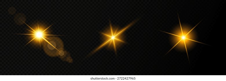 Destello de lente, efecto de brillo ligero. sol o estrella brillante realista con efecto de luz de fondo.
Brillo bokeh y destellos o destellos sobre fondo transparente.
