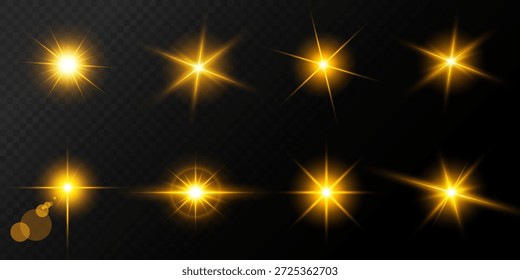 Lente Flare, efeito de brilho de luz. sol ou estrela brilhante realista com efeito de luz de fundo.
brilho bokeh e faíscas ou faíscas em fundo transparente.
