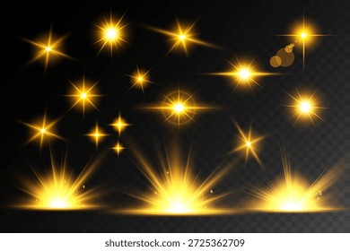Destello de lente, efecto de brillo ligero. sol o estrella brillante realista con efecto de luz de fondo.
Brillo bokeh y destellos o destellos sobre fondo transparente.
